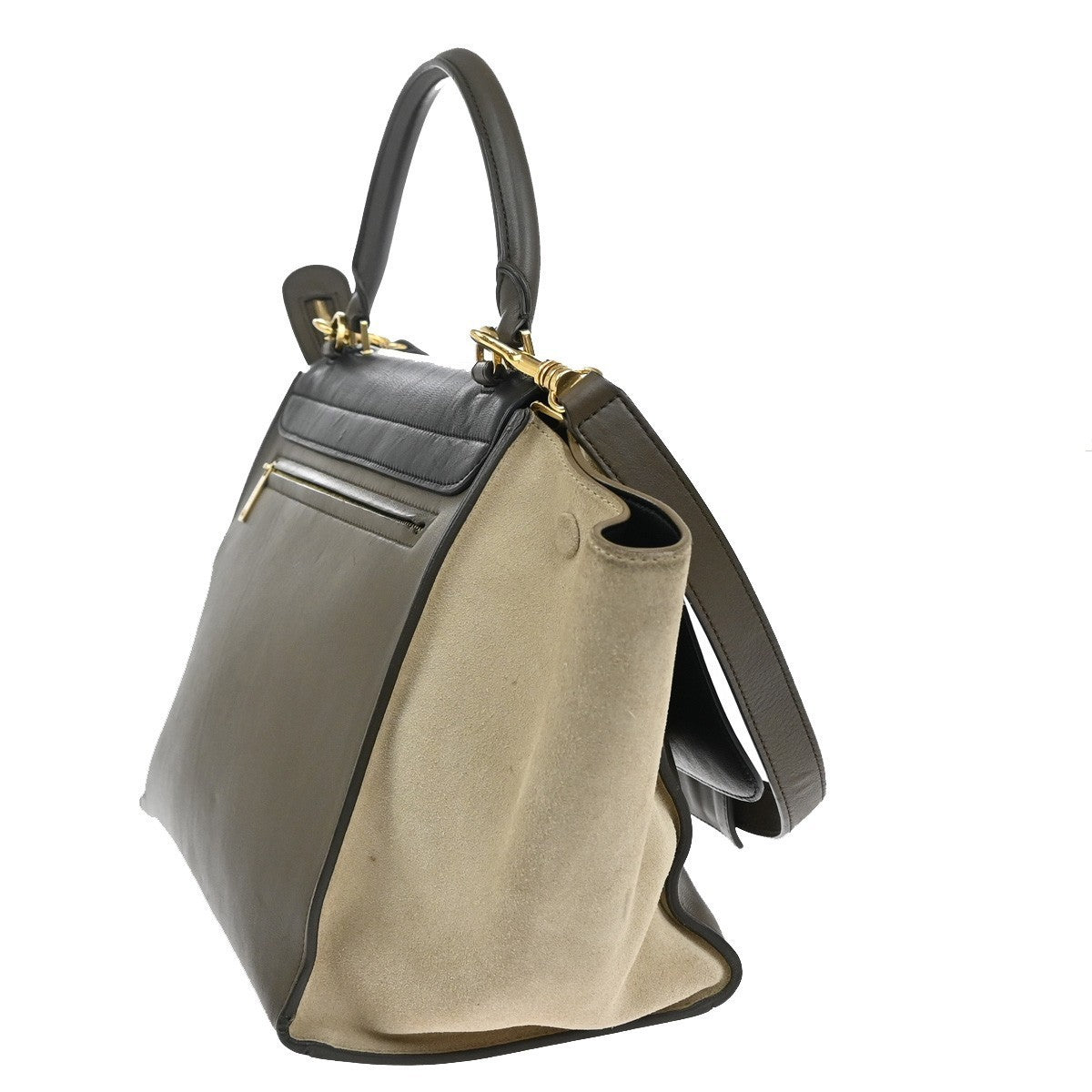 CELINE Trapeze Tricolor 2way Shoulder Hand Bag Leather Suede Khaki Beige 70KB559