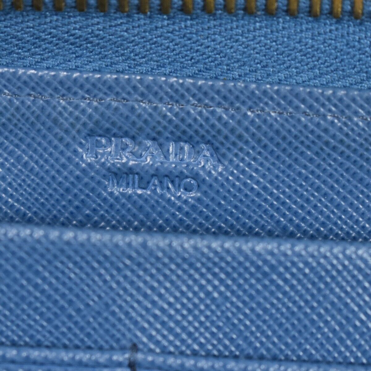 PRADA Logo Long Bifold Organizer Wallet Purse Saffiano Leather Blue Gold 89RH569