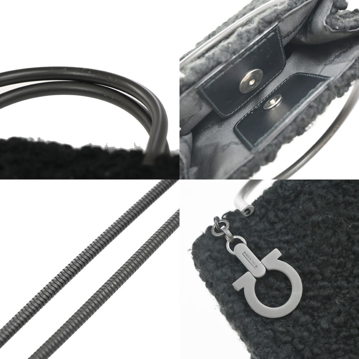 SALVATORE FERRAGAMO Gancini 2Way Shoulder Hand Bag Wool Leather Black 80RP045