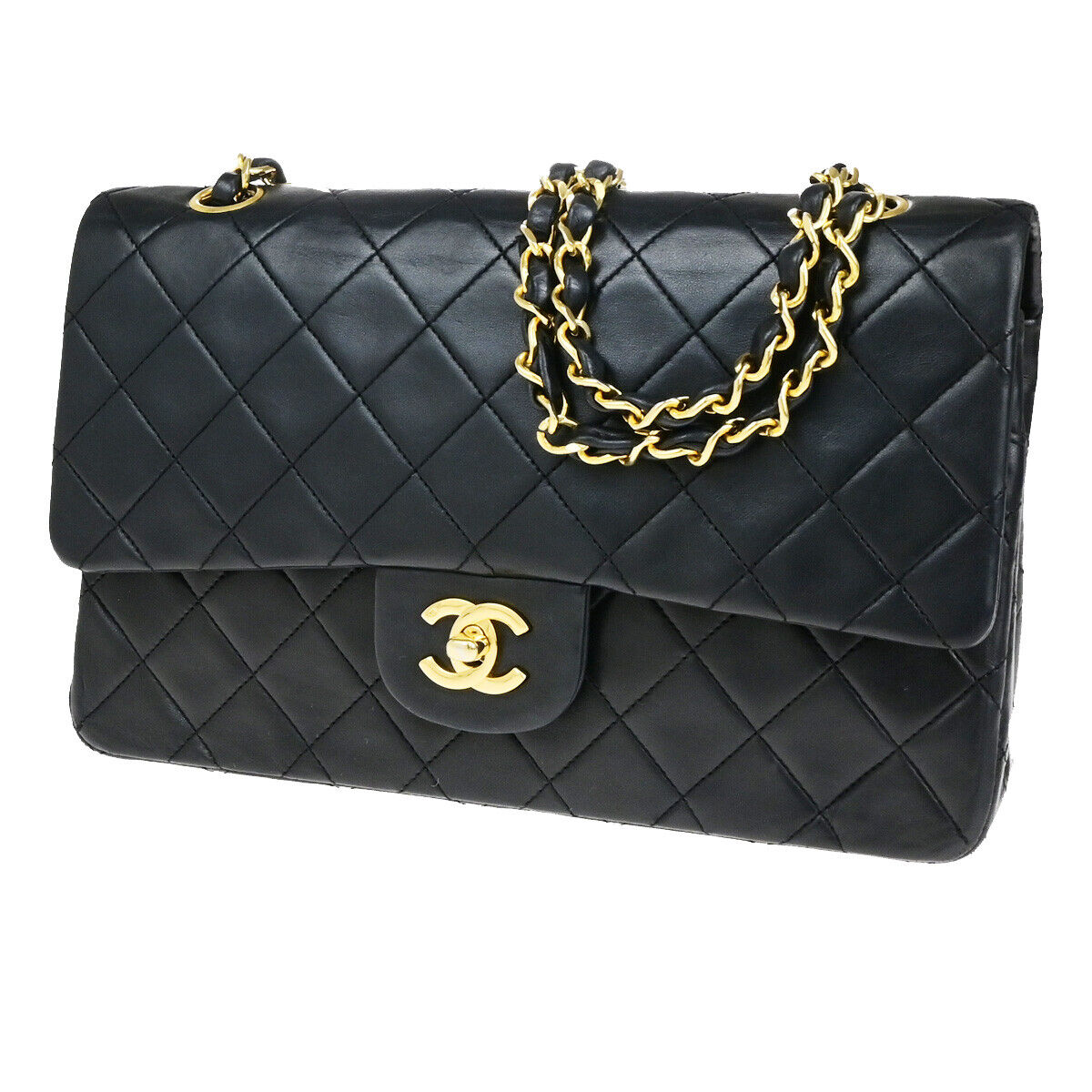CHANEL CC Matelasse 25 Double Flap Chain Shoulder Bag Leather Black GHW 350RK770