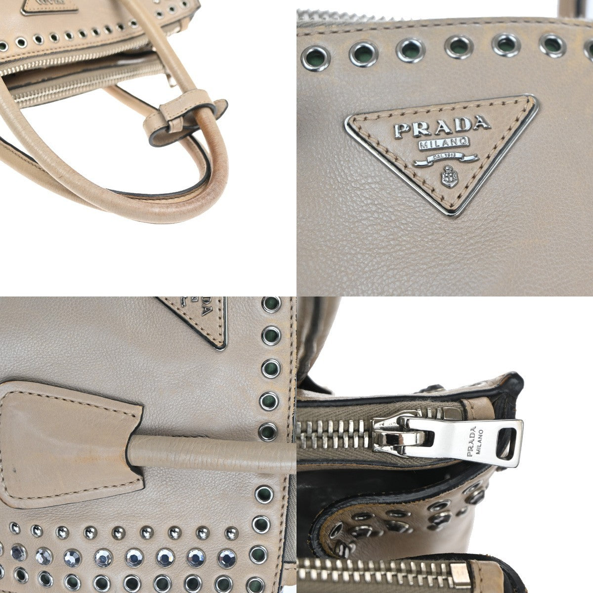 PRADA Studs 2Way Shoulder Hand Bag Leather Rhineston Beige GHW Spain 33TA590