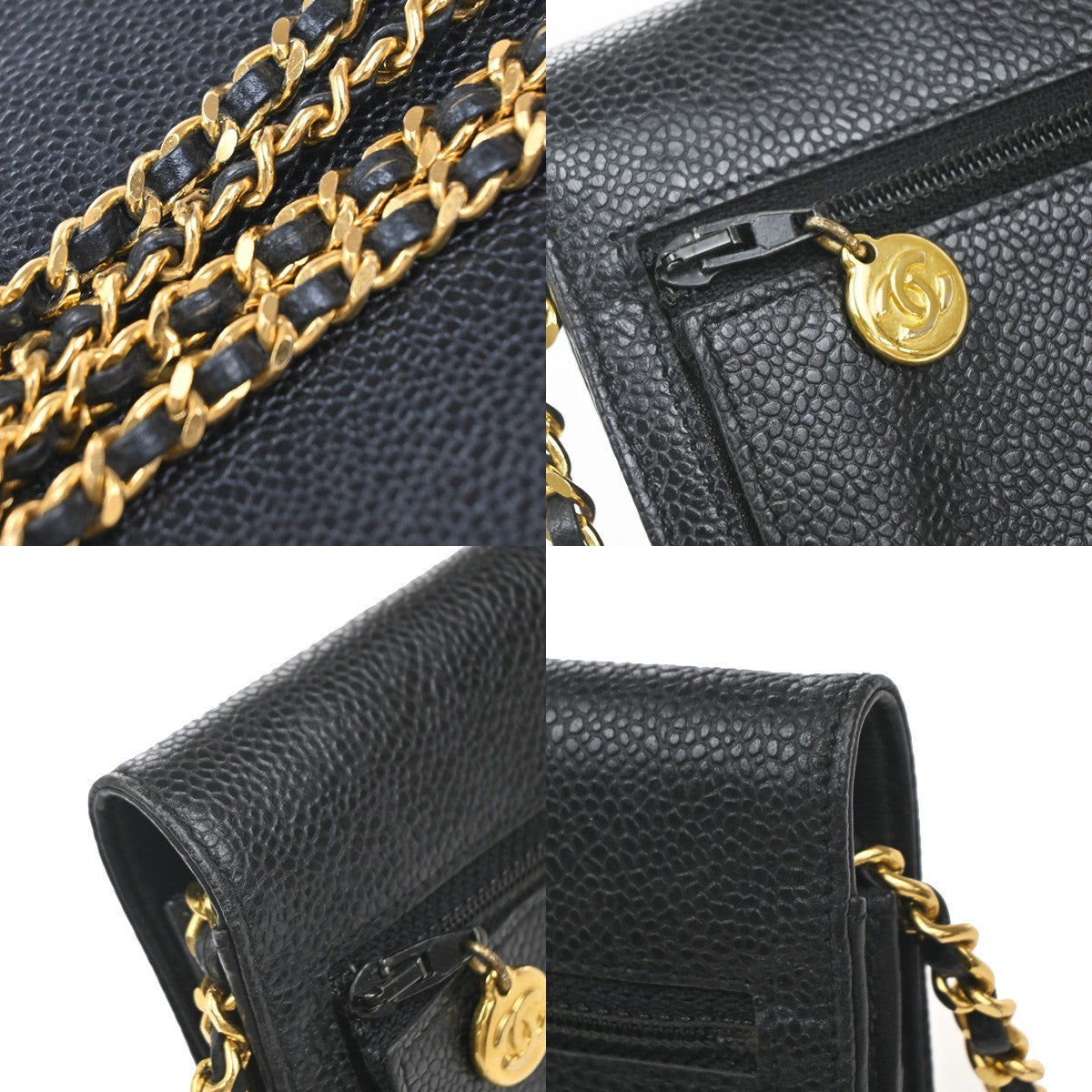CHANEL Chain Shoulder Bag Wallet Grained Calfskin Leather Black Vintage 691RP061