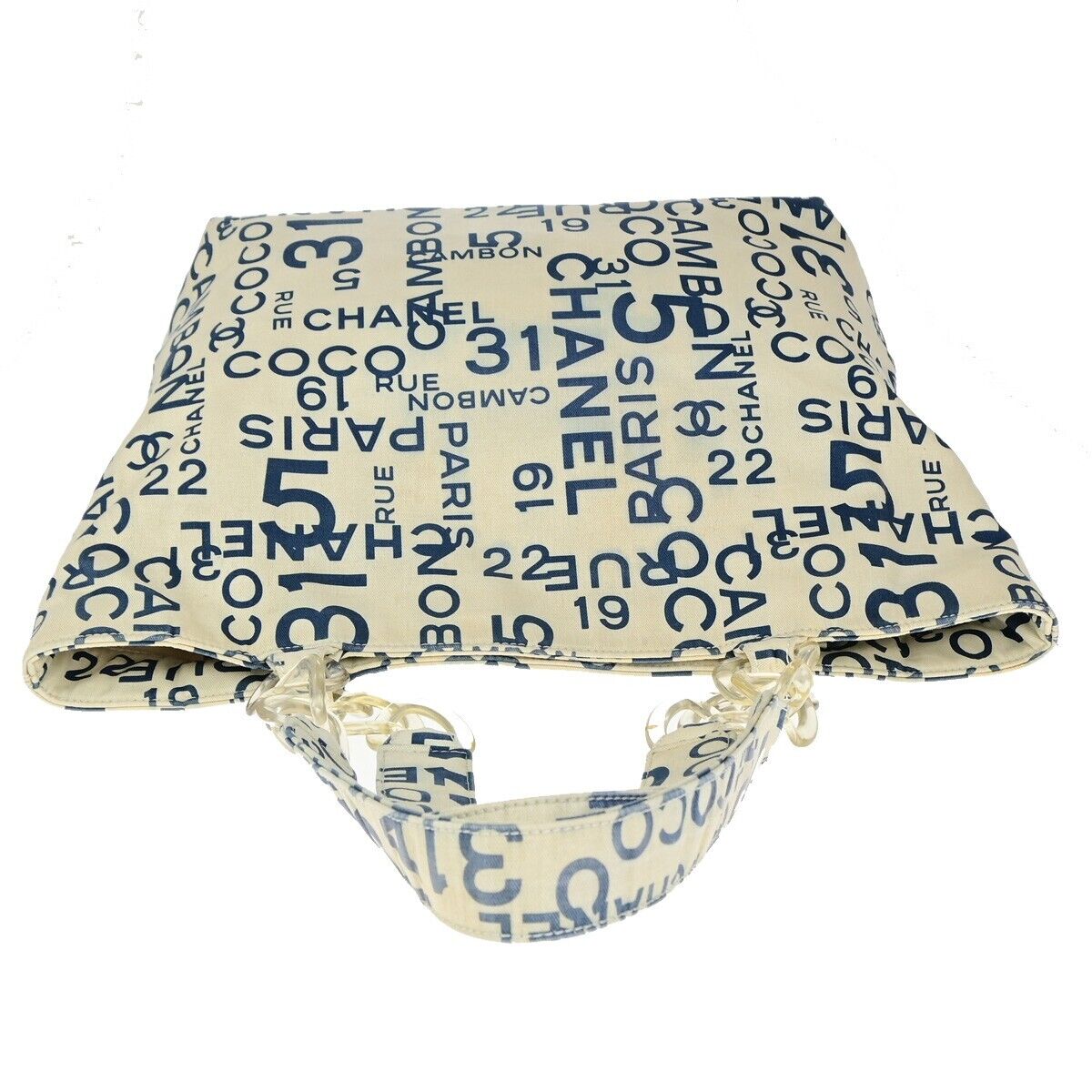 CHANEL Logo By Sea Shoulder Tote Bag Canvas Leather White Blue Italy 85EC913