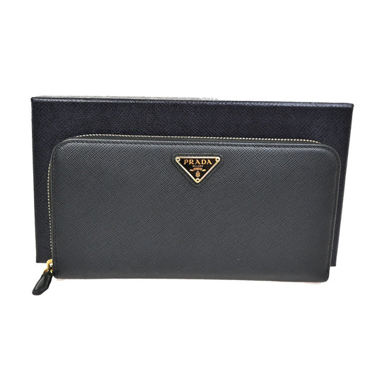 PRADA Zipper Arownd Long Wallet Purse Saffiano Leather Nero Black Italy 32YH791