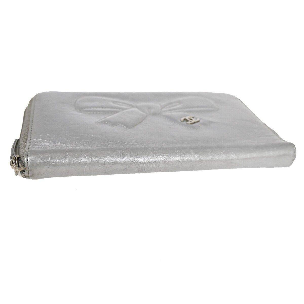 CHANEL CC Ribbon Around Zipper Bifold Wallet Purse Leather Silver SHW 60YD723
