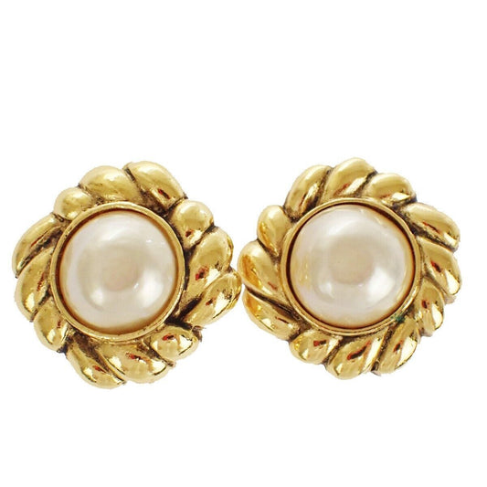 CHANEL Imitation Pearl Button Earrings Clip-On GHW France Vintage 33RH326