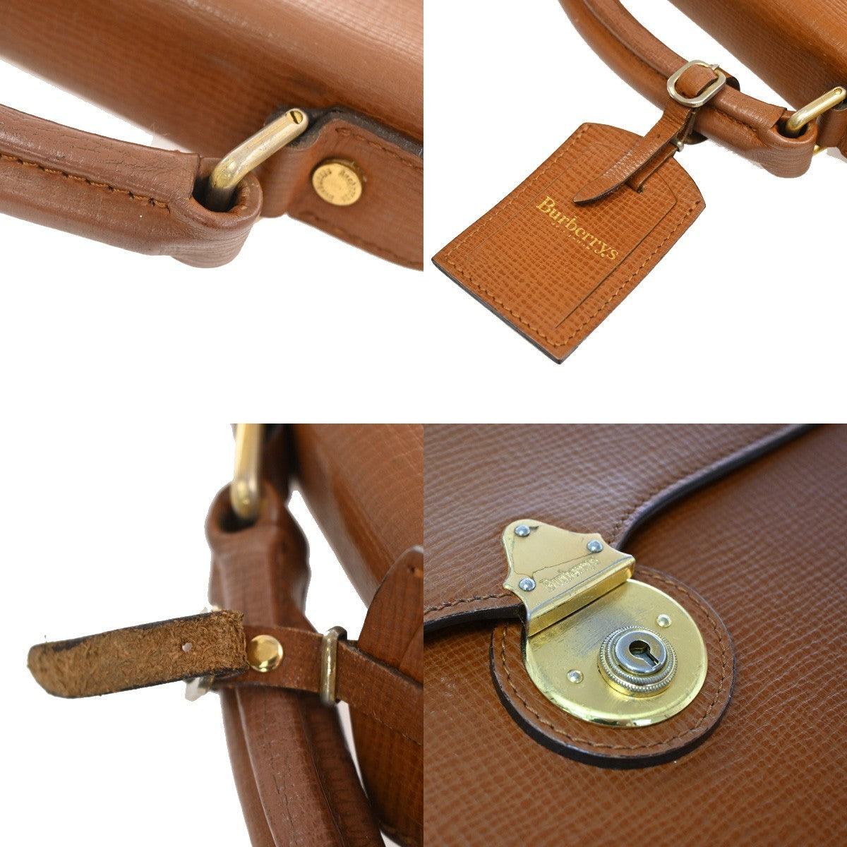 Burberrys Logo Business Briefcase Hand Bag Leather Brown GHW With Key 04KB683