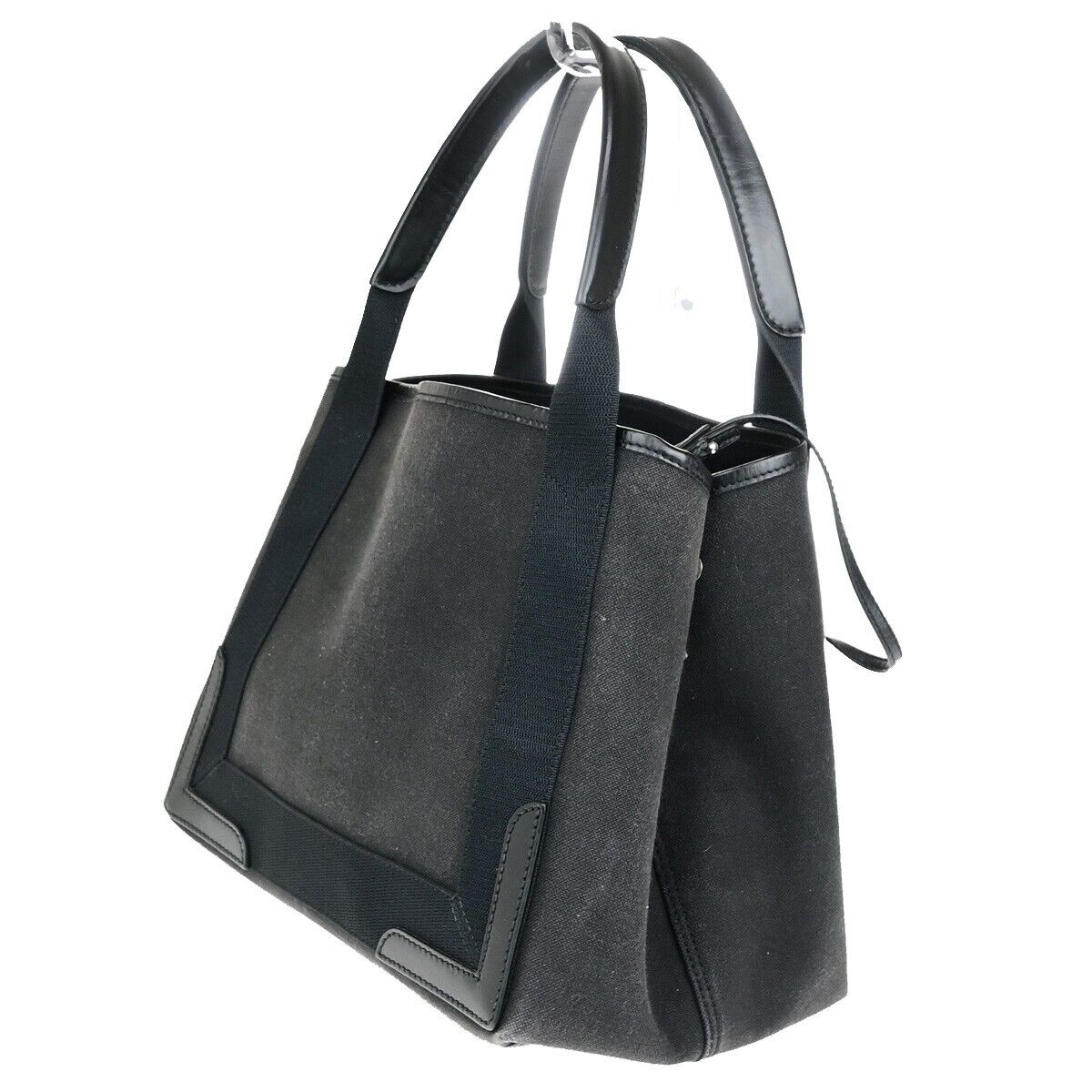 BALENCIAGA Navy Cabas S Hand Tote Bag Canvas Leather Black SHW Italy 32ED210