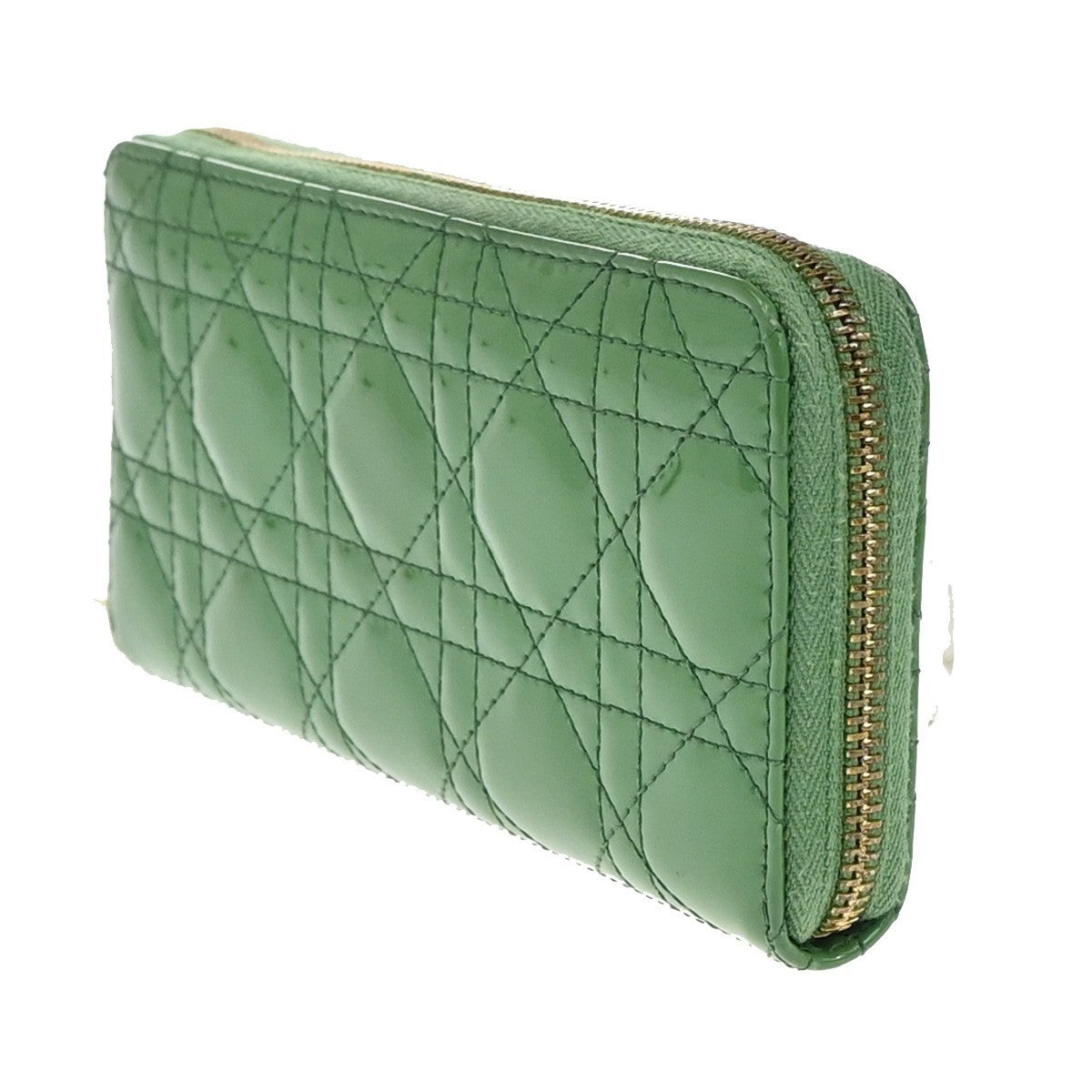 CHRISTIAN DIOR Logo Cannage Zip Around Long Wallet Patent Leather Green 36EG143