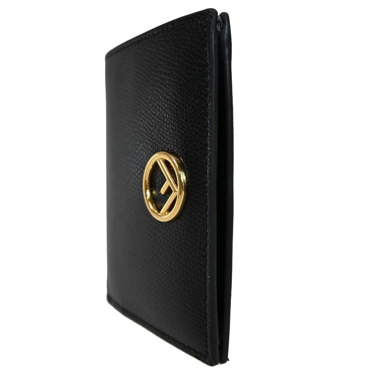 FENDI F Logo Bifold Wallet Purse Embossing Leather Black Gold Italy 32EA222