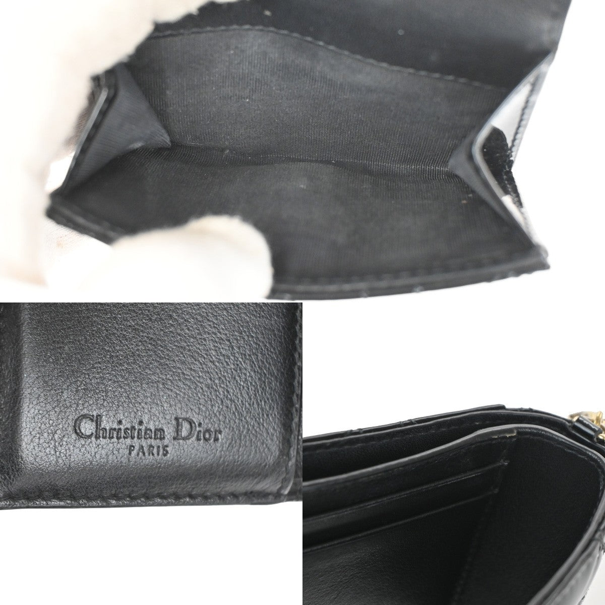 CHRISTIAN DIOR Cannage Trifold Compact Wallet Patent Leather Black GHW 35TA317