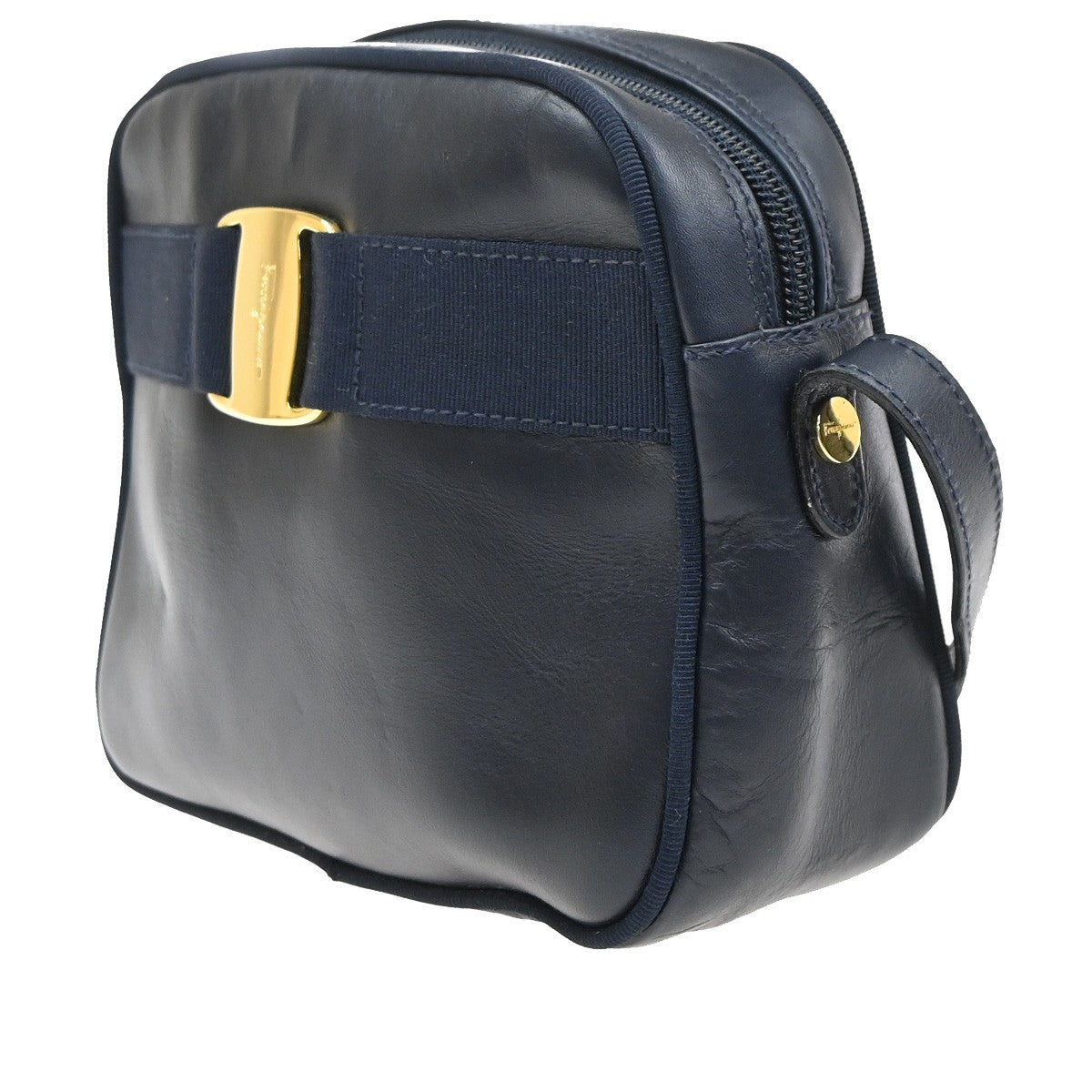 SALVATORE FERRAGAMO Logo Vara Shoulder Bag Leather Navy Blue GHW Italy 09MA547