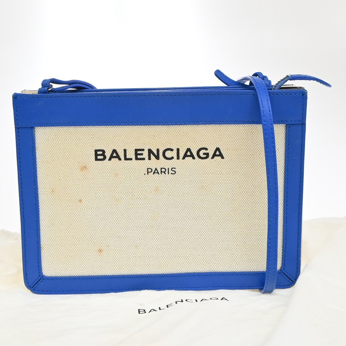 BALENCIAGA LOGO Navy Pochette Shoulder Bag Canvas Leather WE BE 62KC089