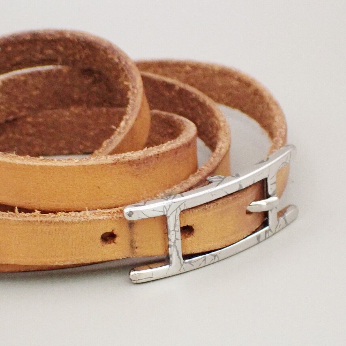 HERMES Logo Api 3 Bracelet Bangle Leather Brown Silver Accessory 02KA477