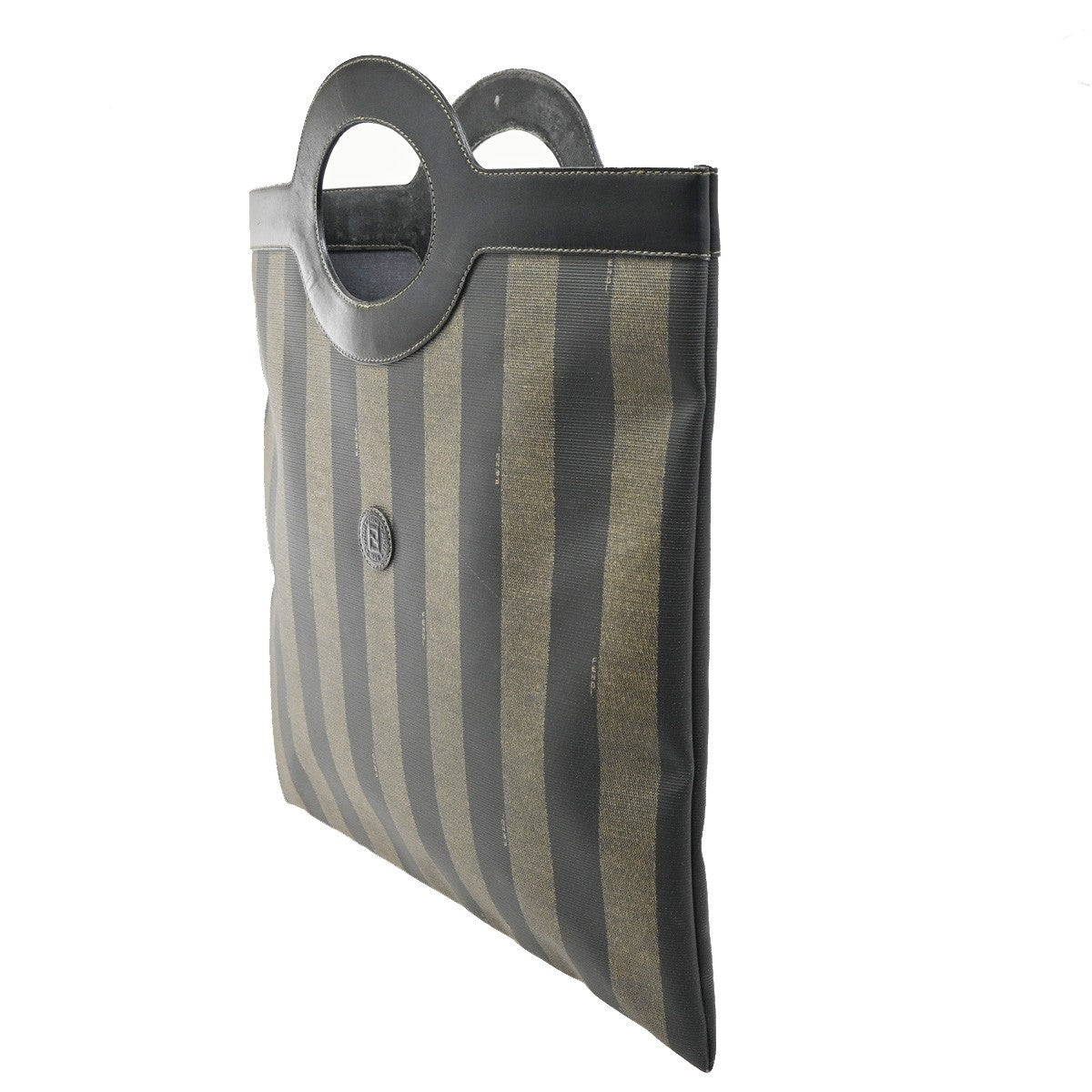 FENDI FF Logo Pequin Stripe Tote Hand Bag PVC Leather Brown Black 68CA783