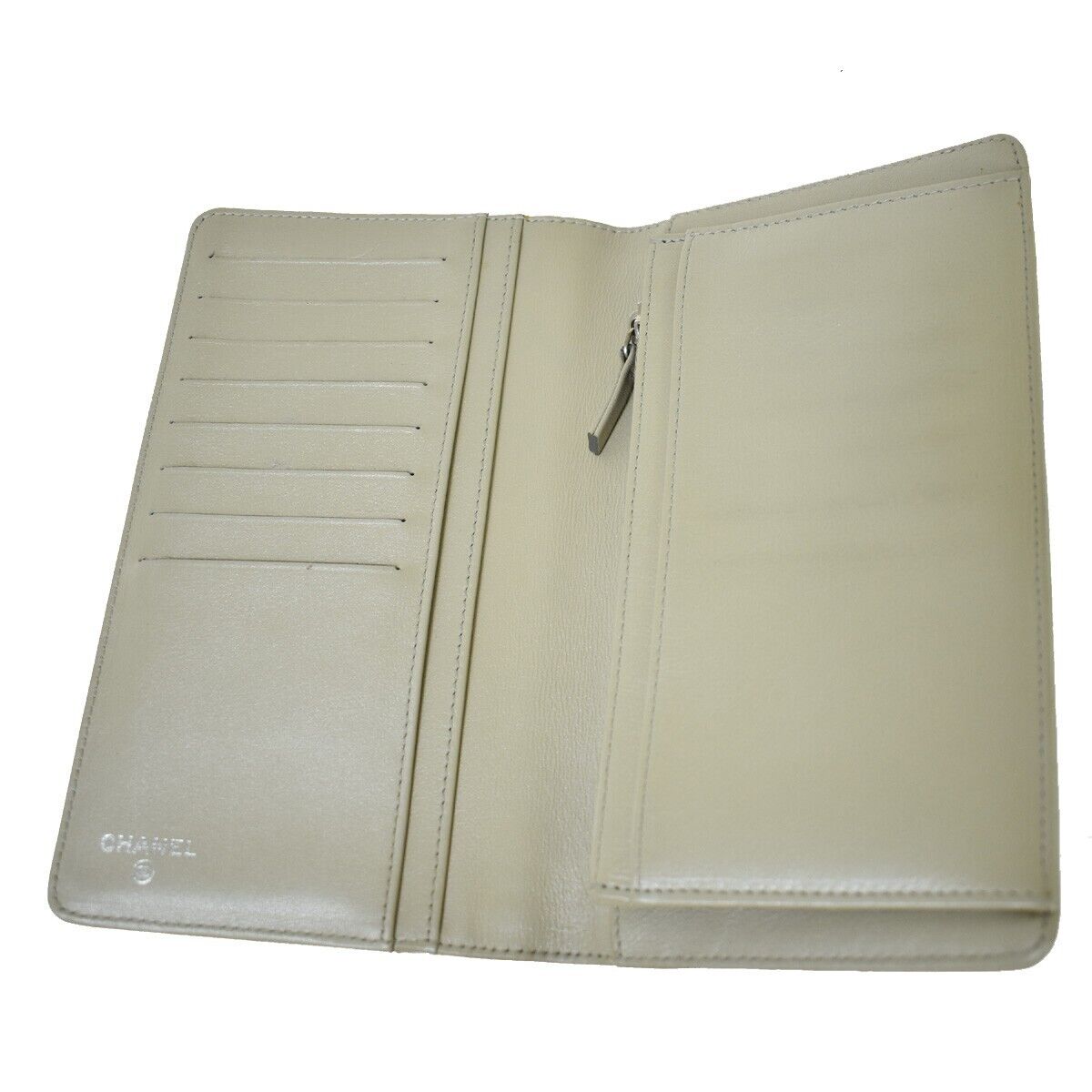 CHANEL CC Logo Long Bifold Wallet Purse Caviar Leather Ivory Italy 32JH714