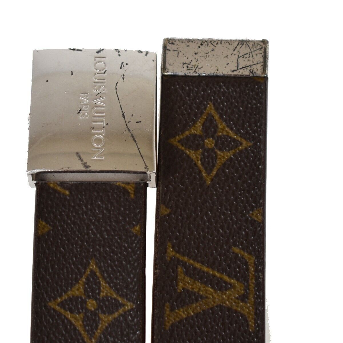 LOUIS VUITTON Ceinture Carre Belt Monogram Leather Brown Silver Spain 63YC264