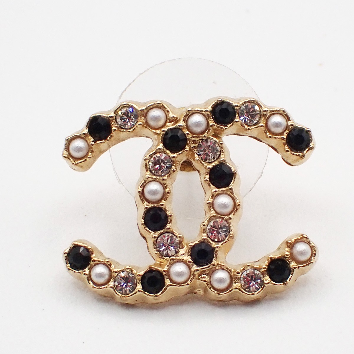 CHANEL CC Logo Rhinestone Imitation Pearl Earrings Pierced A21V Gold BK 60ZA144