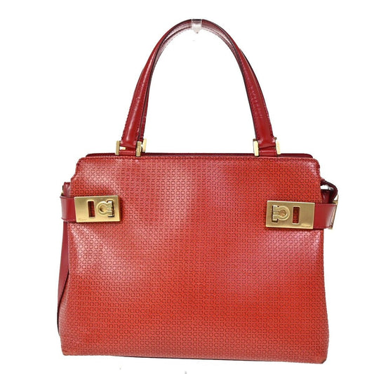 SALVATORE FERRAGAMO Logo Gancini Hand Bag Leather Red Gold Italy  66SH719