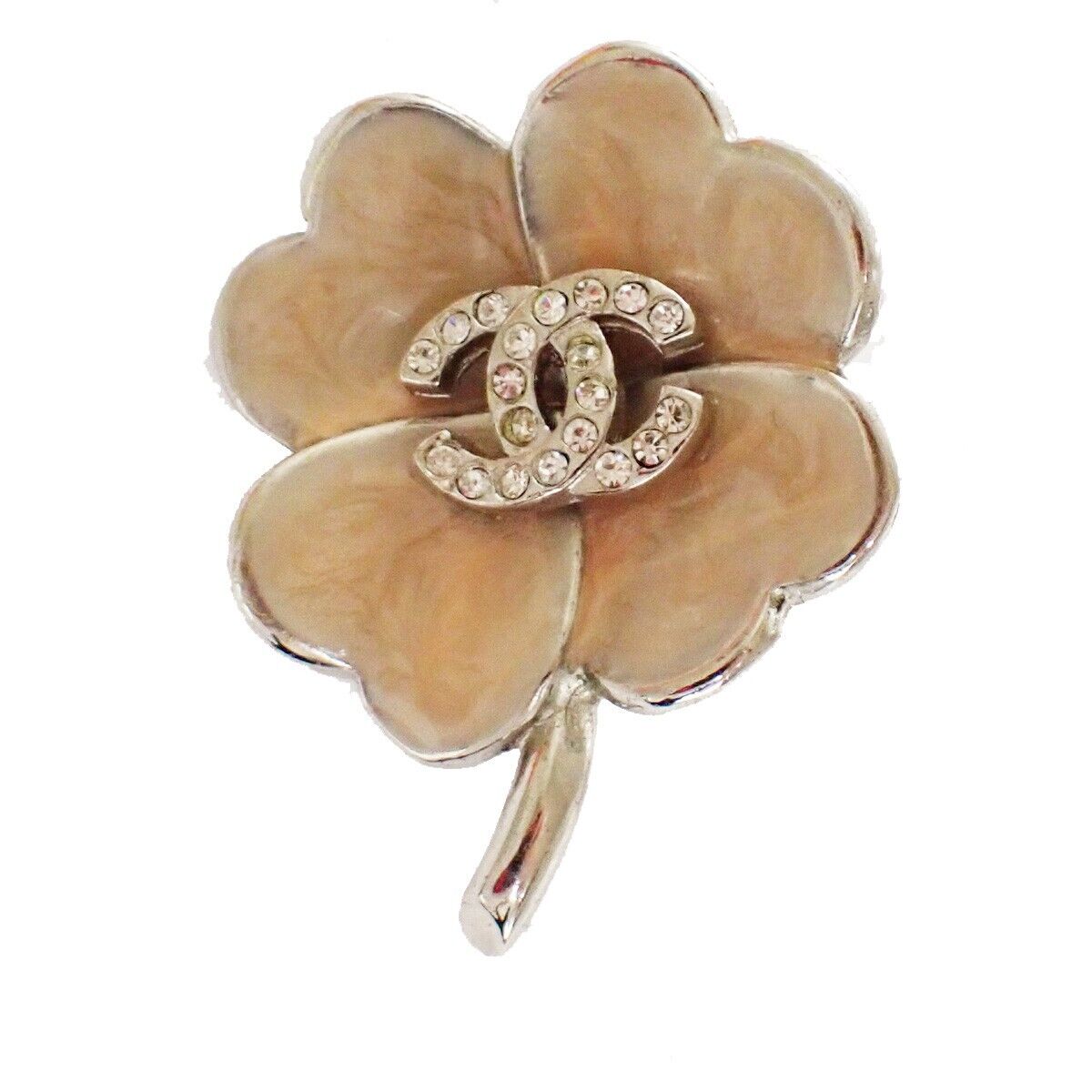 CHANEL 2 Set Earrings Brooch Rhinestone Camellia Clover 04P Clip-On SHW 16LC298