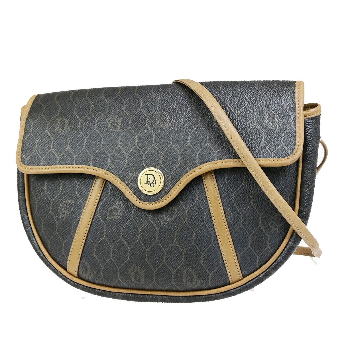 CHRISTIAN DIOR Logos Honeycomb Shoulder Bag PVC Leather Brown Gold 65EC892
