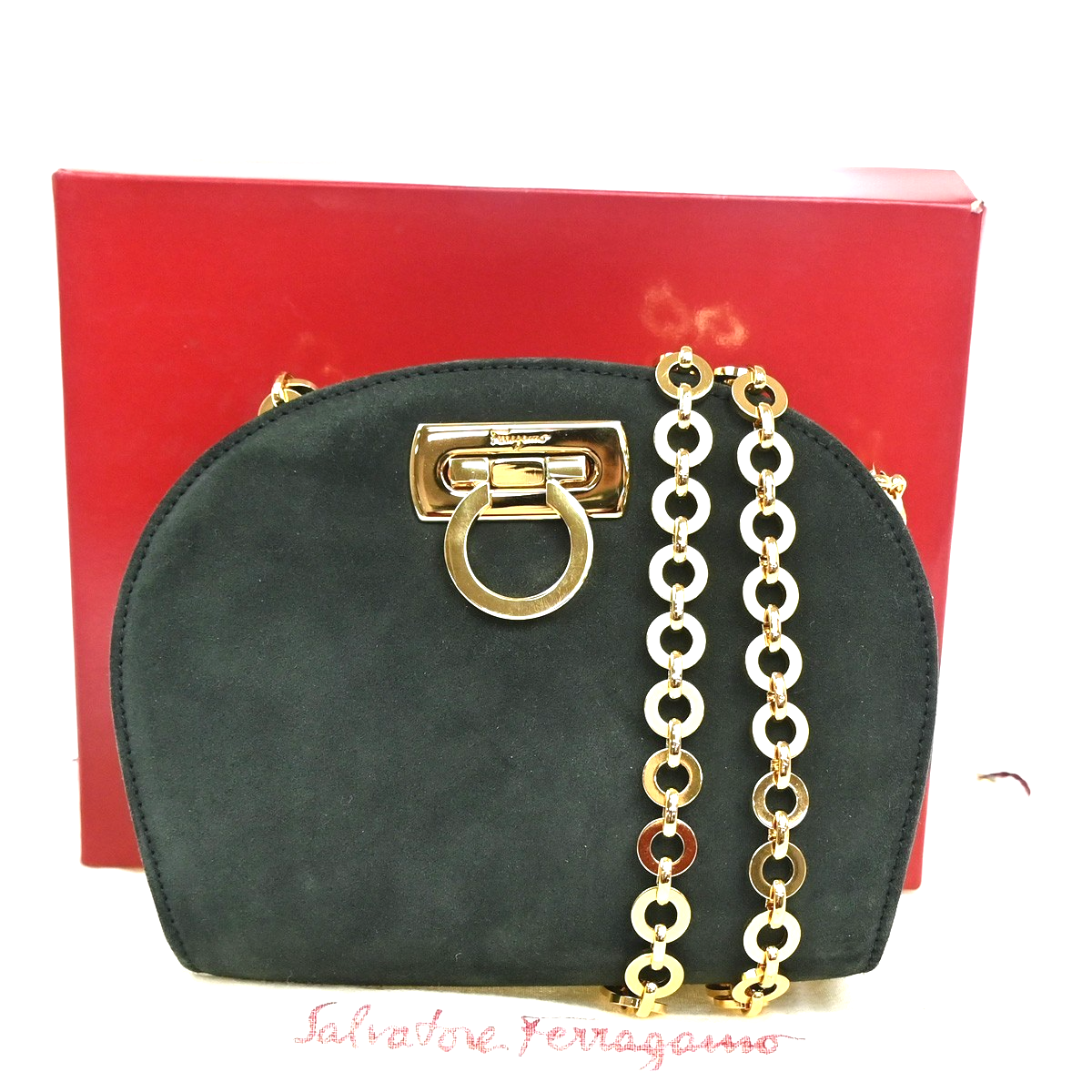 Salvatore Ferragamo Gancini Shoulder Bag Suede Leather Green GHW Italy 34MA212