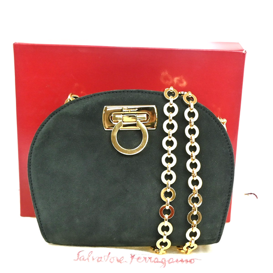 Salvatore Ferragamo Gancini Shoulder Bag Suede Leather Green GHW Italy 34MA212