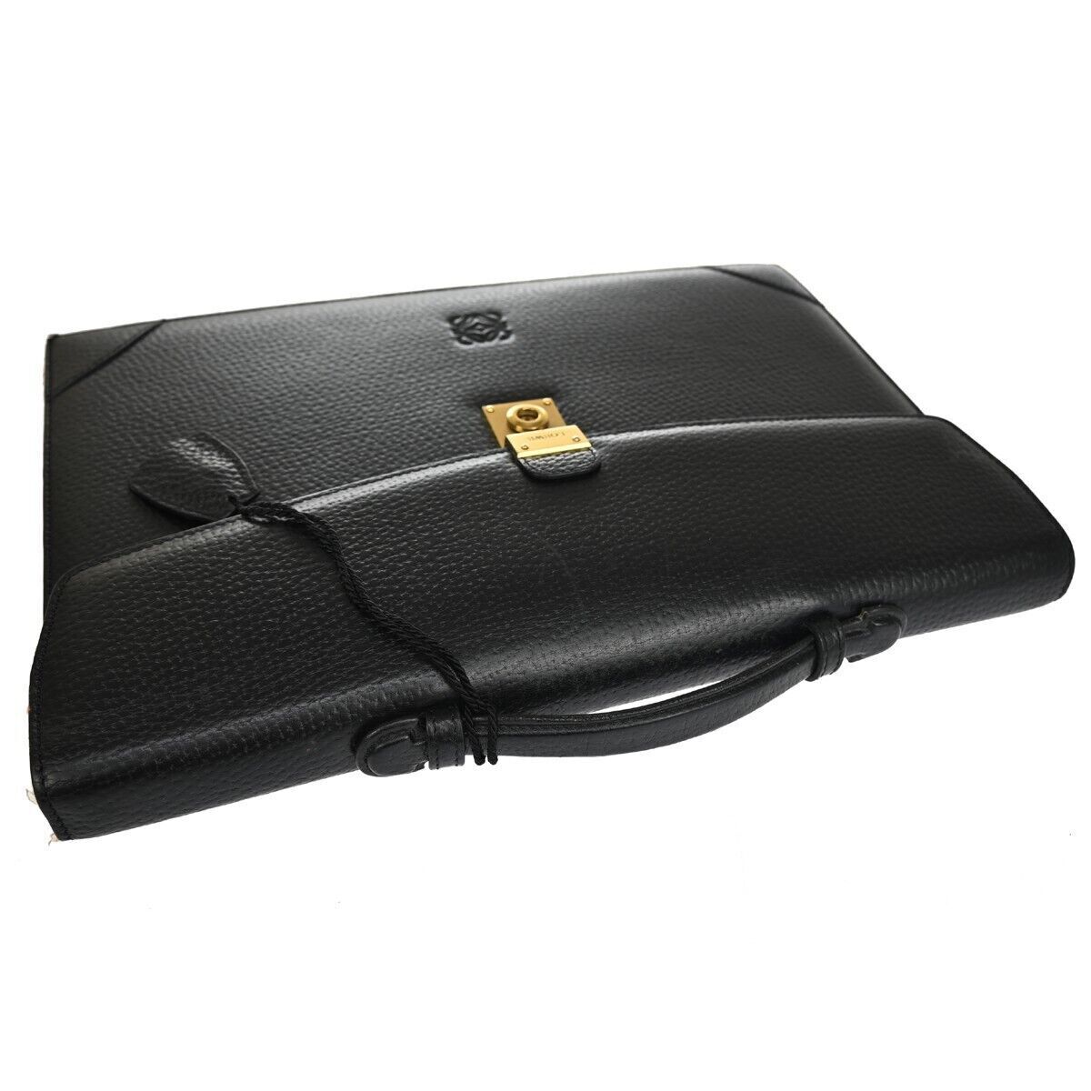LOEWE Logo Anagram Briefcase Hand Bag Leather Key Black Gold Spain 61GA035