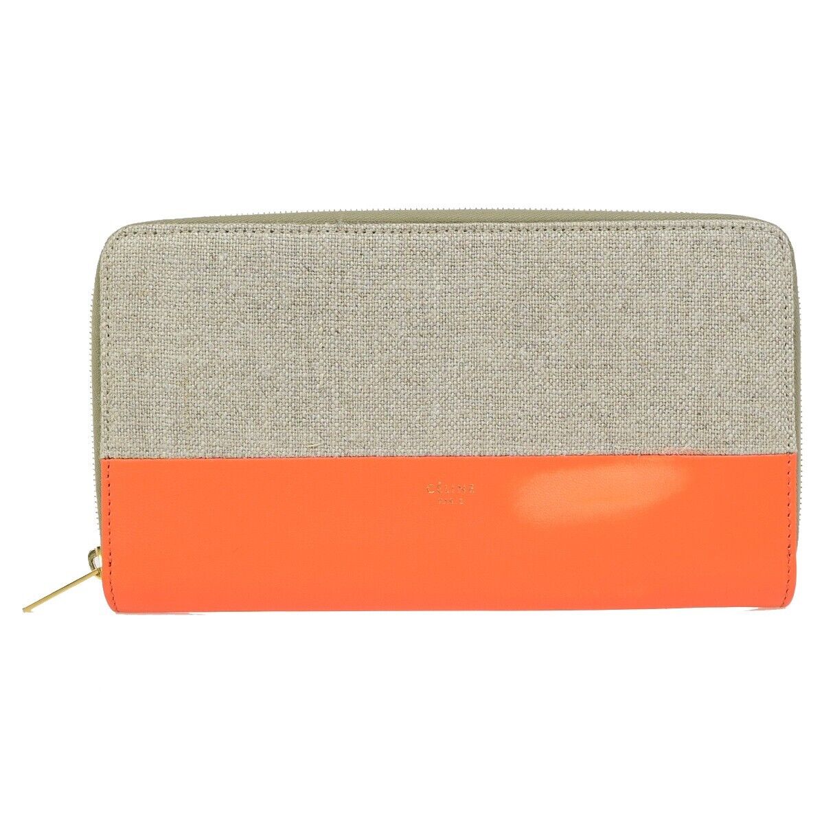 CELINE Logo Bicolor Round Zipper Long Wallet Canvas Leather Beige Orange 09KA373