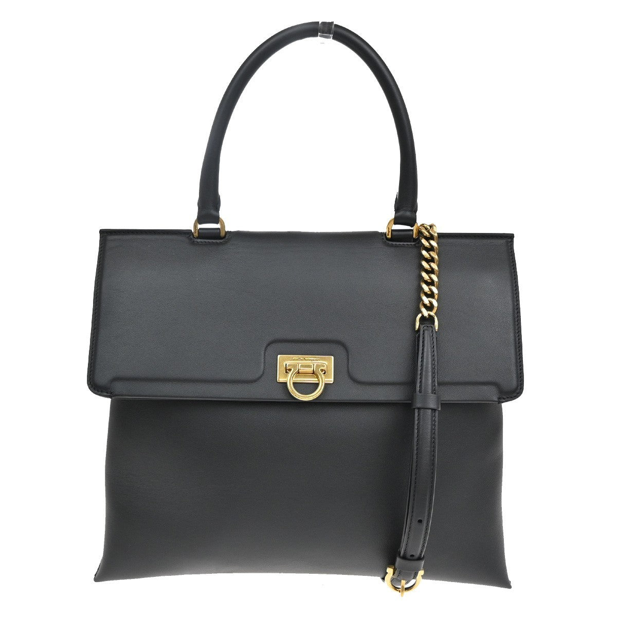 SALVATORE FERRAGAMO 2Way Gancini Shoulder Hand Bag Leather Black Gold 79RF484
