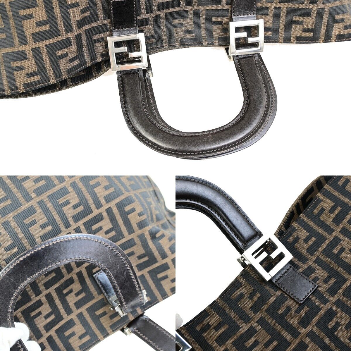 FENDI Logo Zucca Pattern Hand Tote Bag Canvas Leather Brown Silver Italy 98RF206