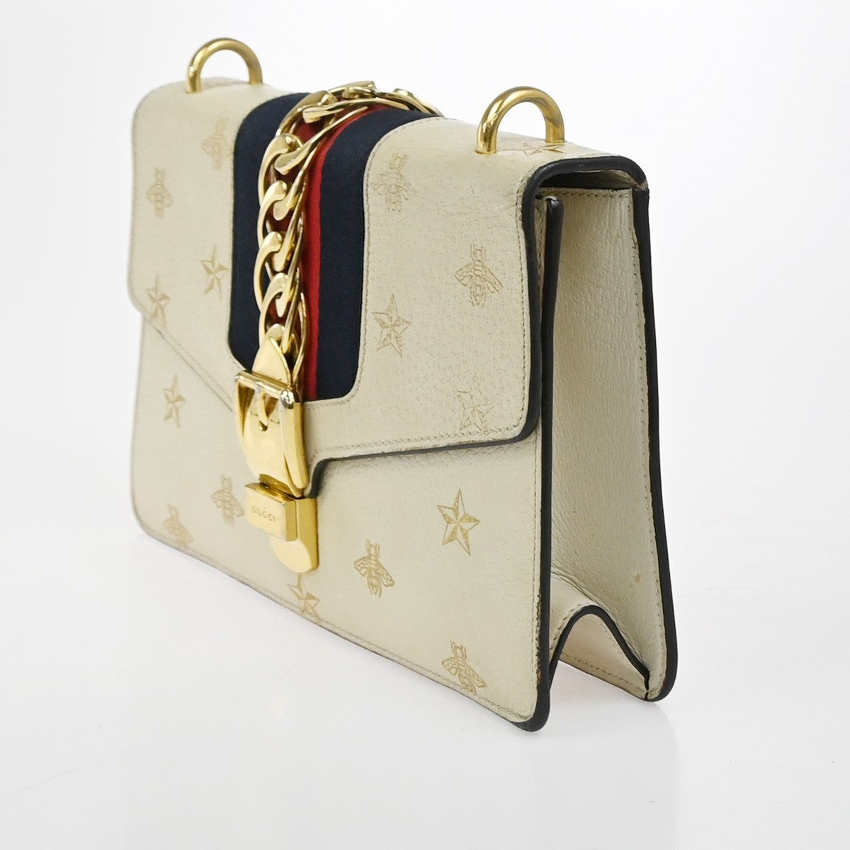 GUCCI Logo Bee Star Print Sylvie Shoulder Bag Leather Web Ribbon Ivory 71YJ087