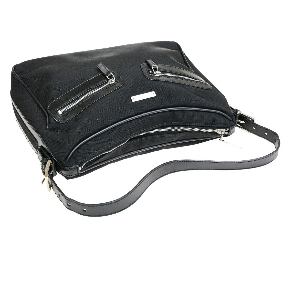 GUCCI Logo Double Pockets Shoulder Bag Nylon Leather Black SHW Italy 31FB352
