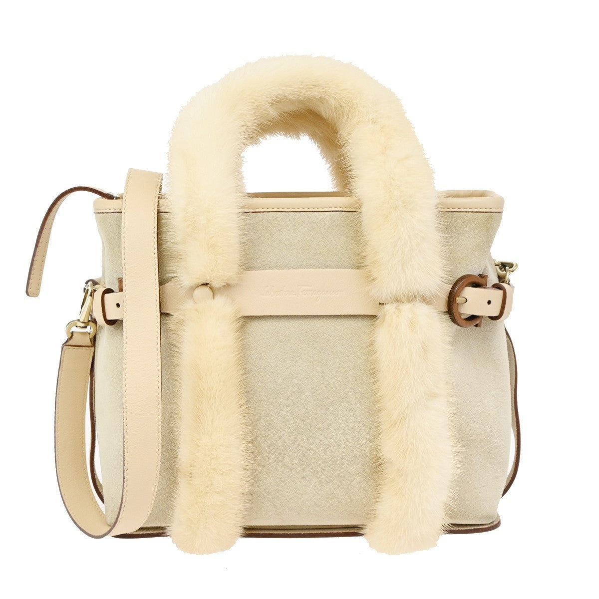 SALVATORE FERRAGAMO Logo Fur Gancini 2Way Hand Bag Suee Leather Beige 80YH842