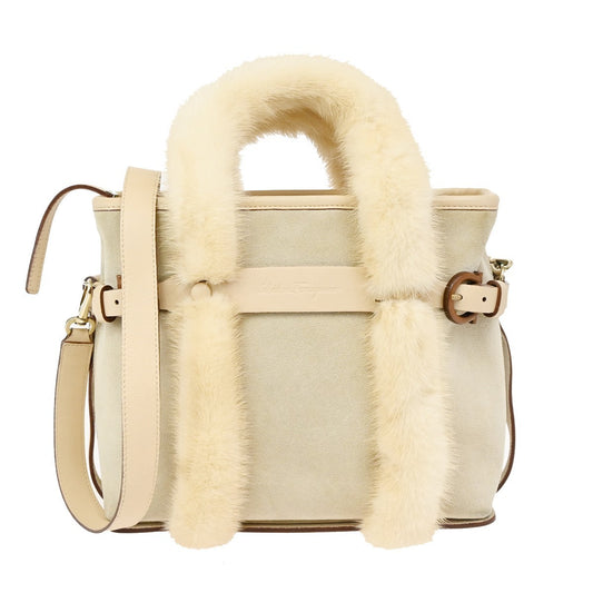 SALVATORE FERRAGAMO Logo Fur Gancini 2Way Hand Bag Suee Leather Beige 80YH842