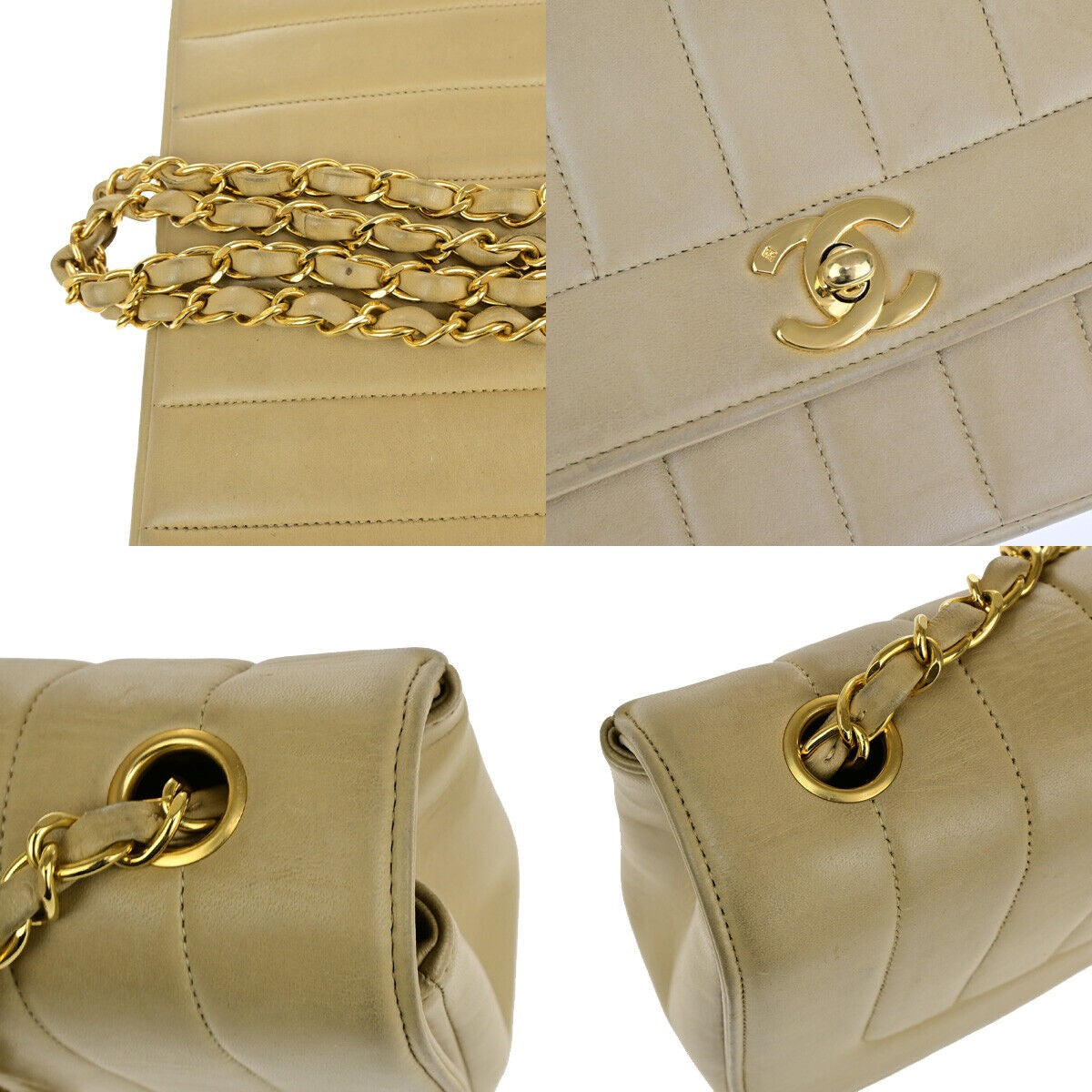CHANEL CC Logo Mademoiselle Chain Shoulder Bag Leather Beige GHW France 373RK186