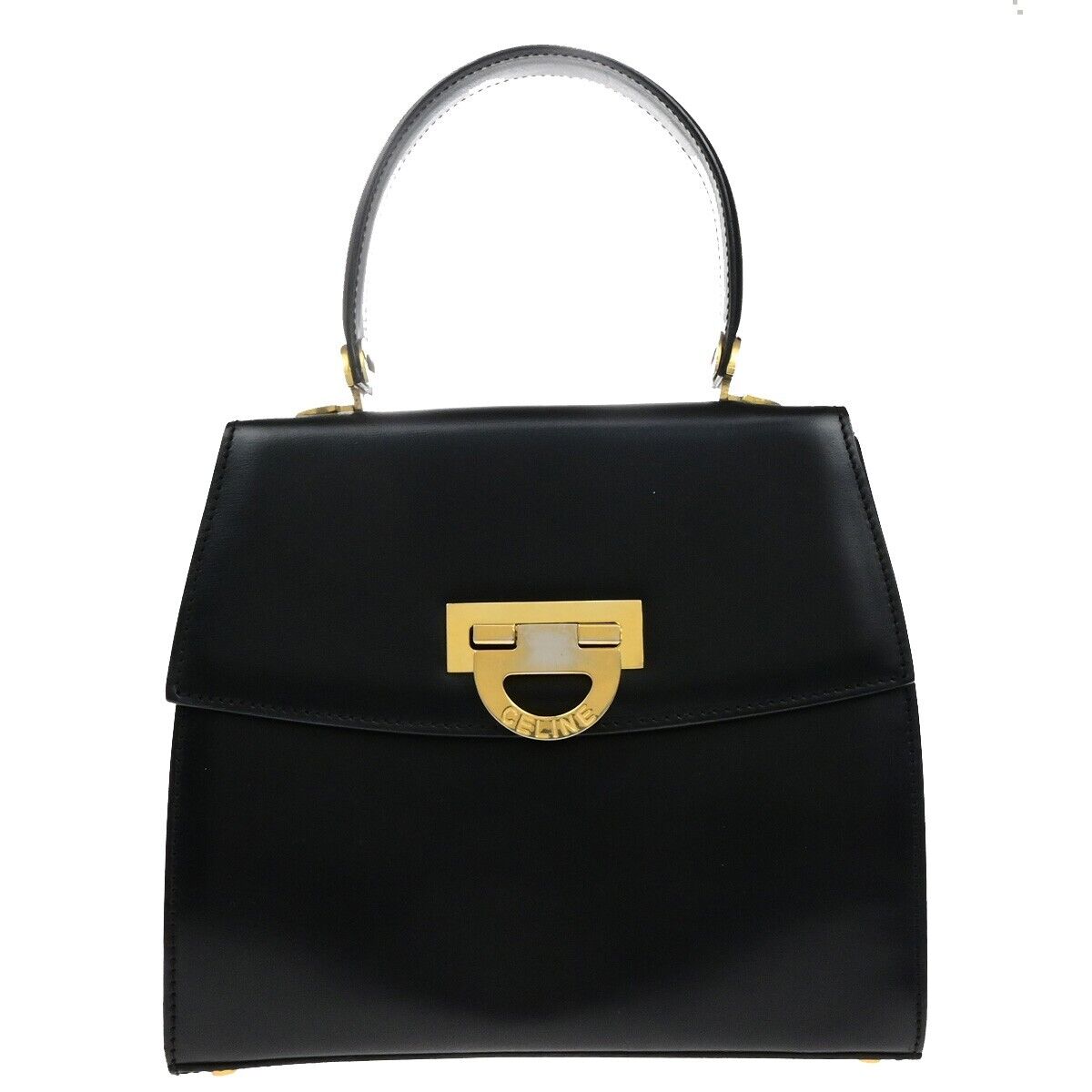 CELINE Logo Top Handle Hand Bag Leather Black Gold Made in Italy 80ED937