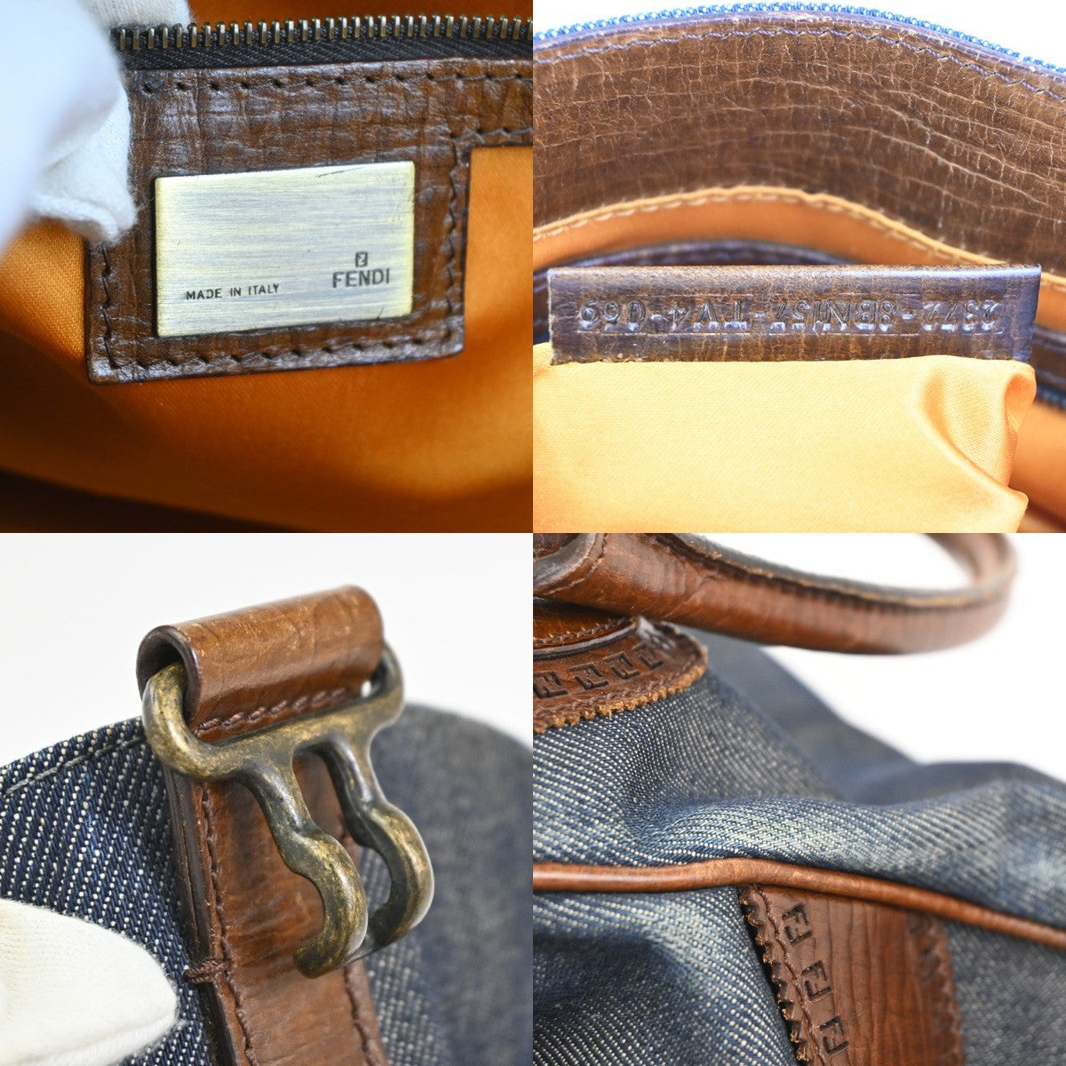 FENDI Logo Etnico Shoulder Hand Bag Denim Leather Blue Brown GHW Italy 87ZA254