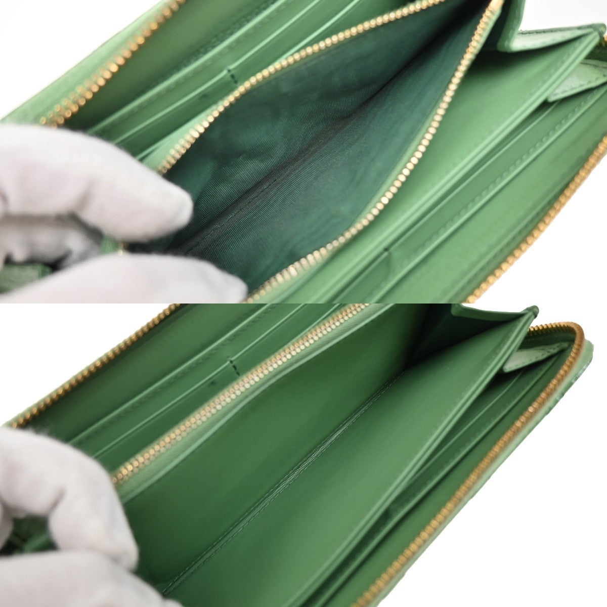 CHRISTIAN DIOR Logo Cannage Zip Around Long Wallet Patent Leather Green 36EG143