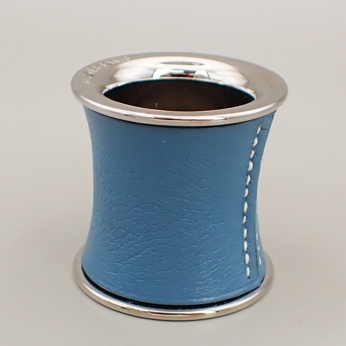 HERMES Logo Scarf Ring Leather Silver Blue Accessory 04KA476