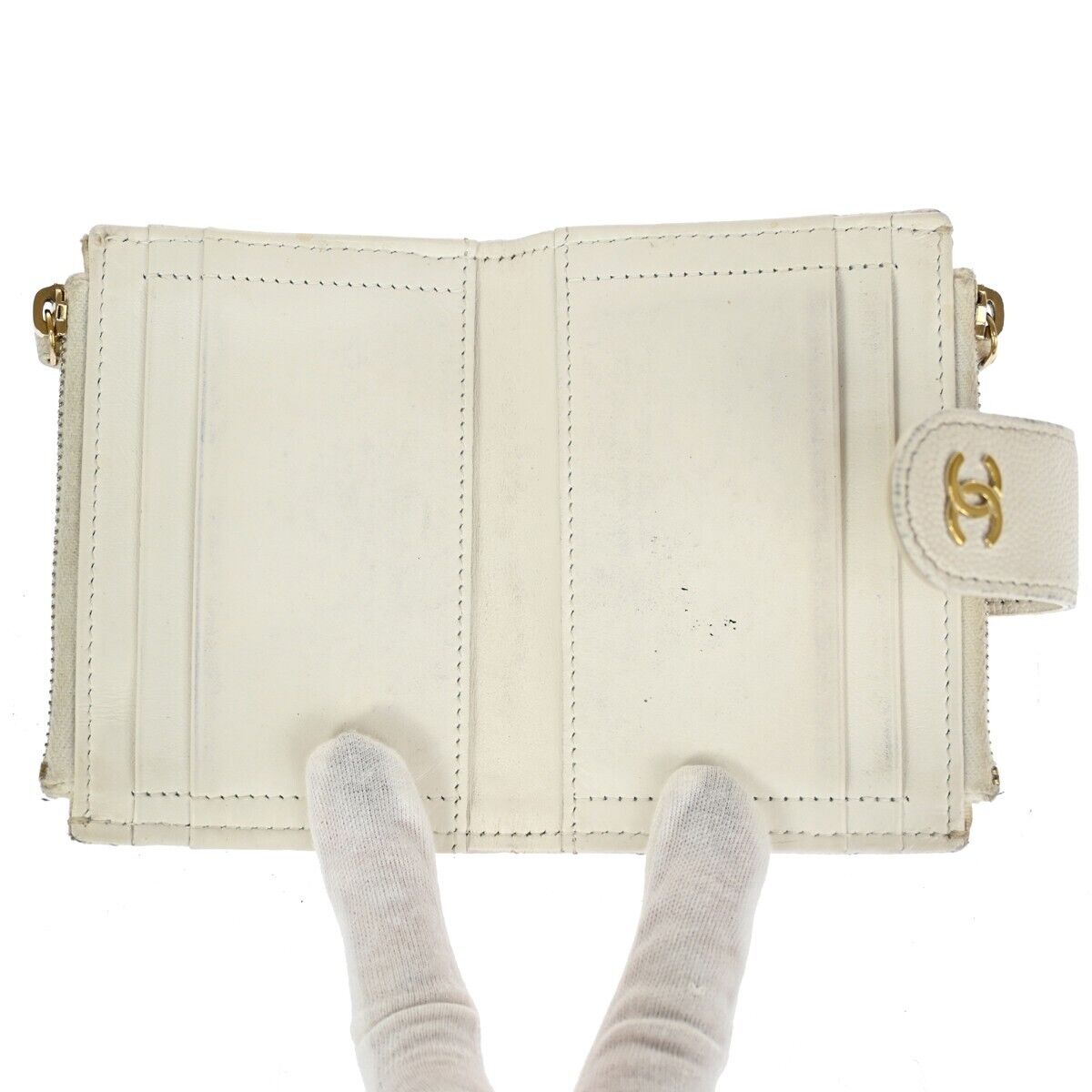 CHANEL CC Logo Bifold Wallet Purse Caviar Skin Leather White GHW Italy  30HB382