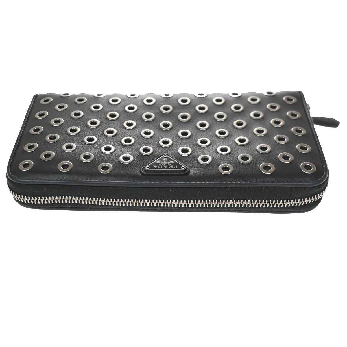 PRADA Bifold Zipper Around Long Grommet Wallet Leather Black Italy 68KD161