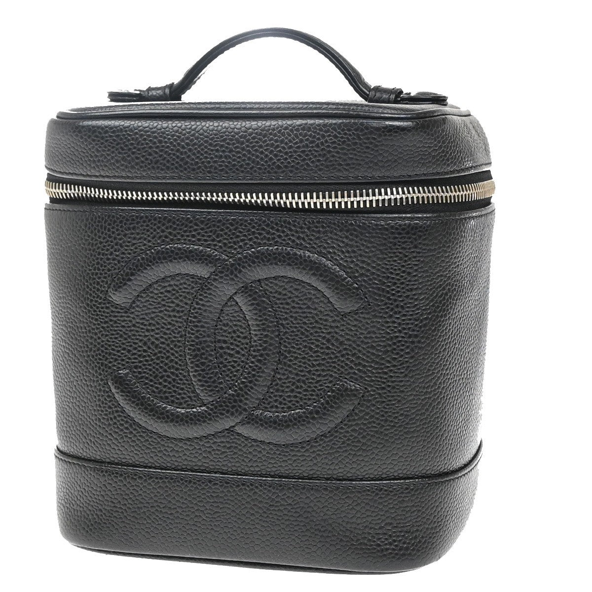 CHANEL CC Vanity Cosmetic Hand Bag Grained Calfskin Leather Black GHW 50RF685
