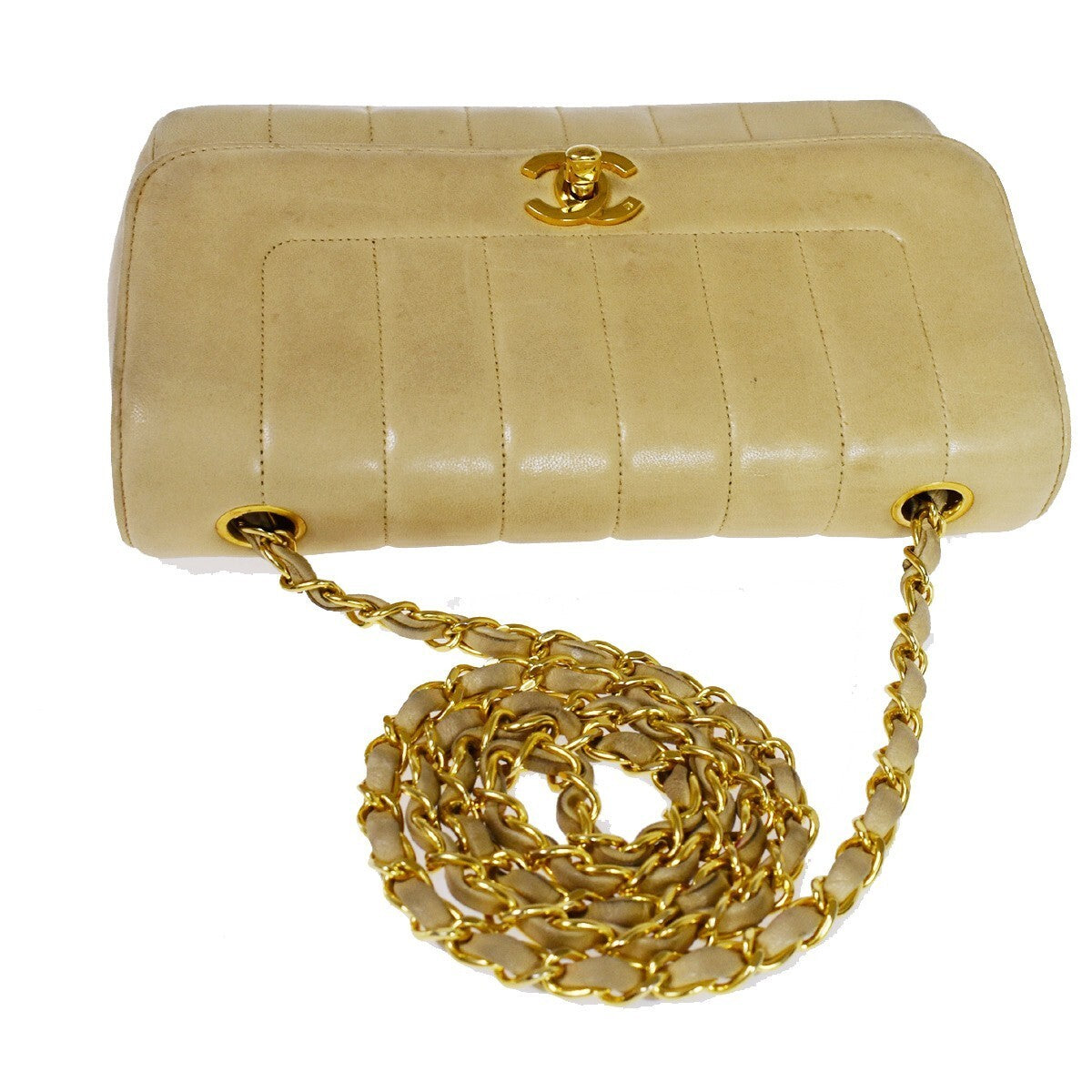 CHANEL CC Logo Mademoiselle Chain Shoulder Bag Leather Beige GHW France 648RC979