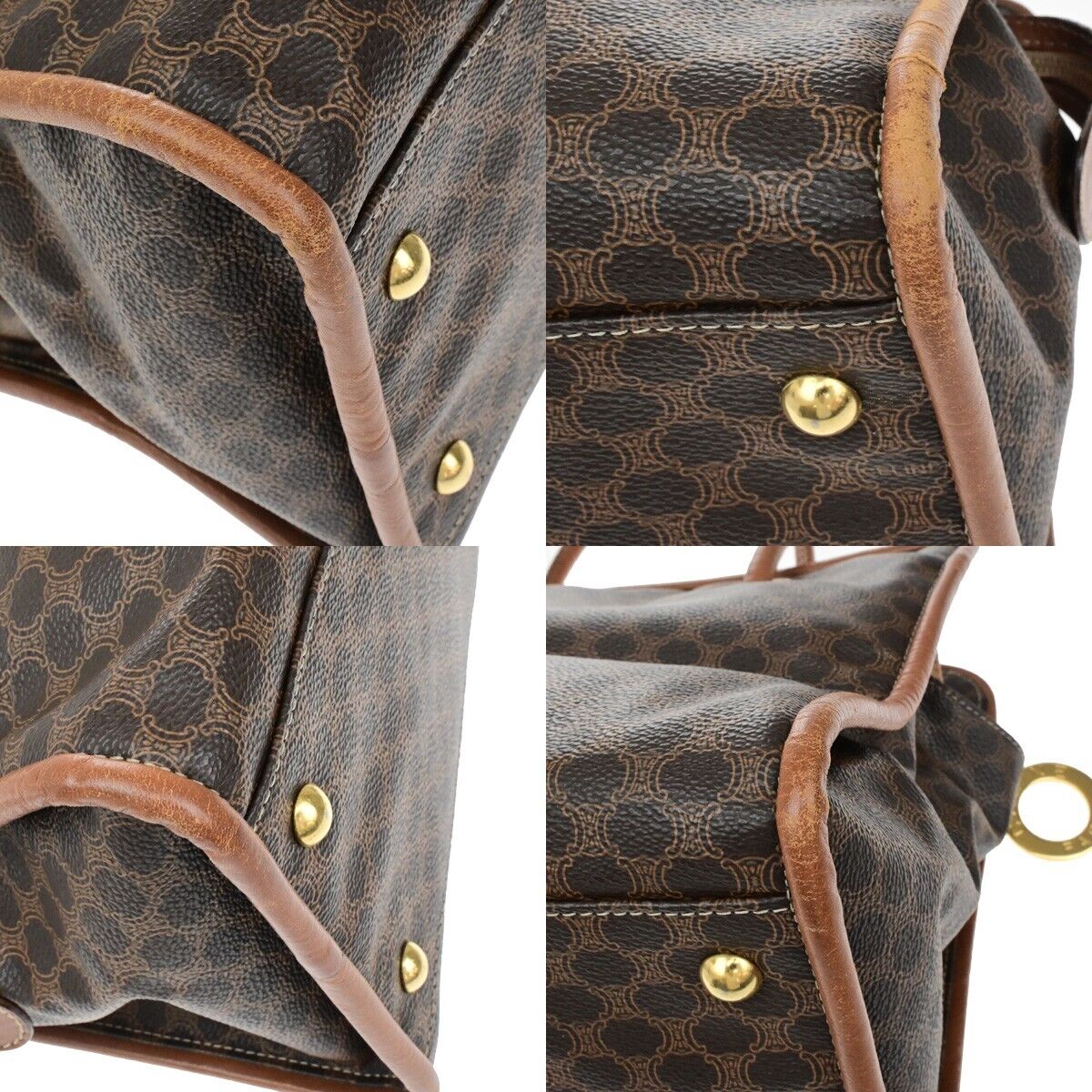 CELINE Circle Logo Macadam Pattern Shoulder Hand Bag PVC Leather Brown 33ED943