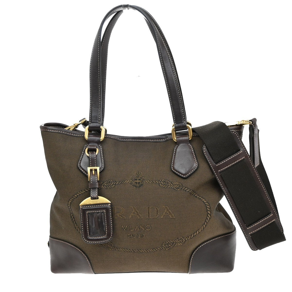PRADA MILANO Logo 2Way Shoulder Hand Bag Jacquard Leather Brown GHW 18EE299