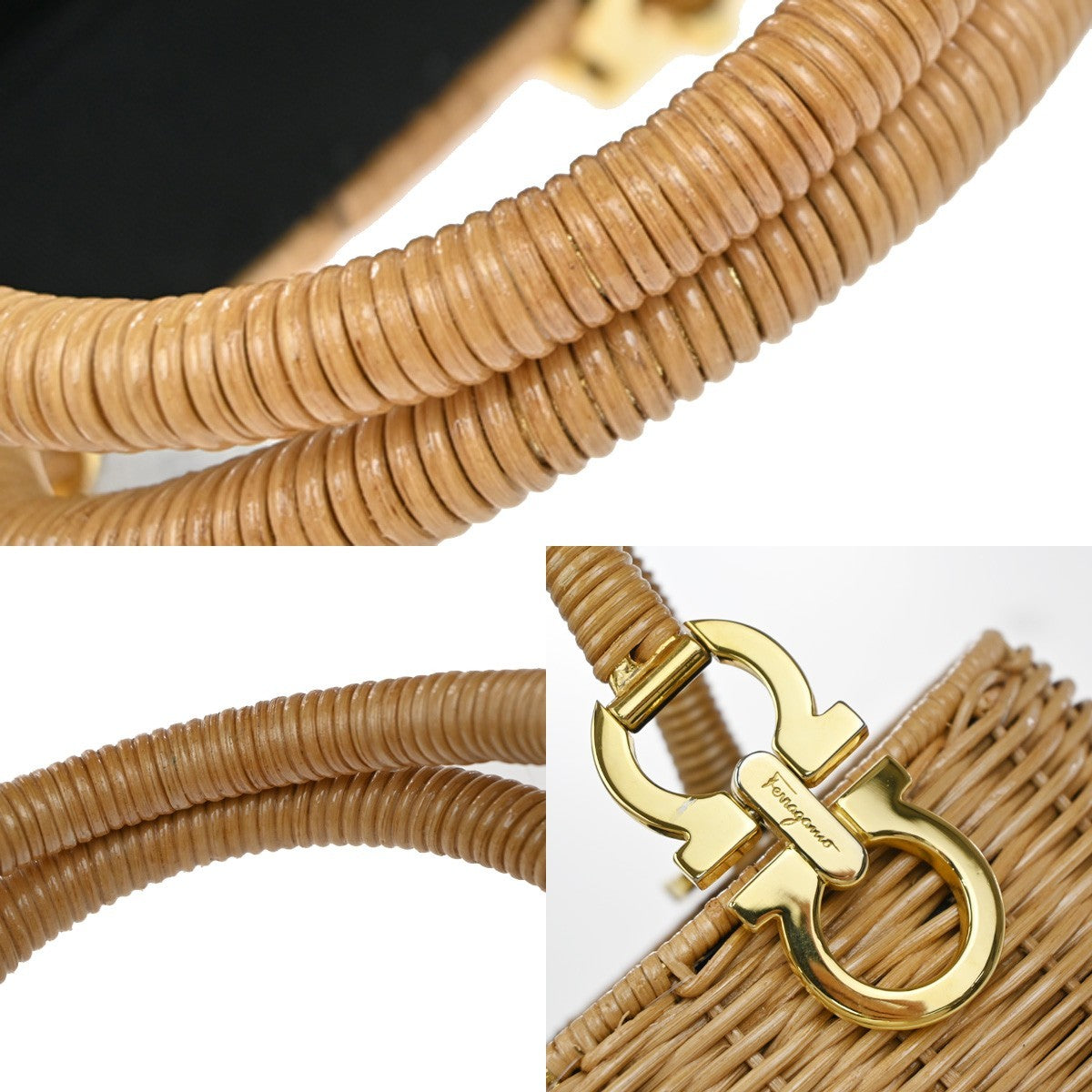 SALVATORE FERRAGAMO Logo Gancini Basket Hand Bag Rattan Brown GHW 28RP146