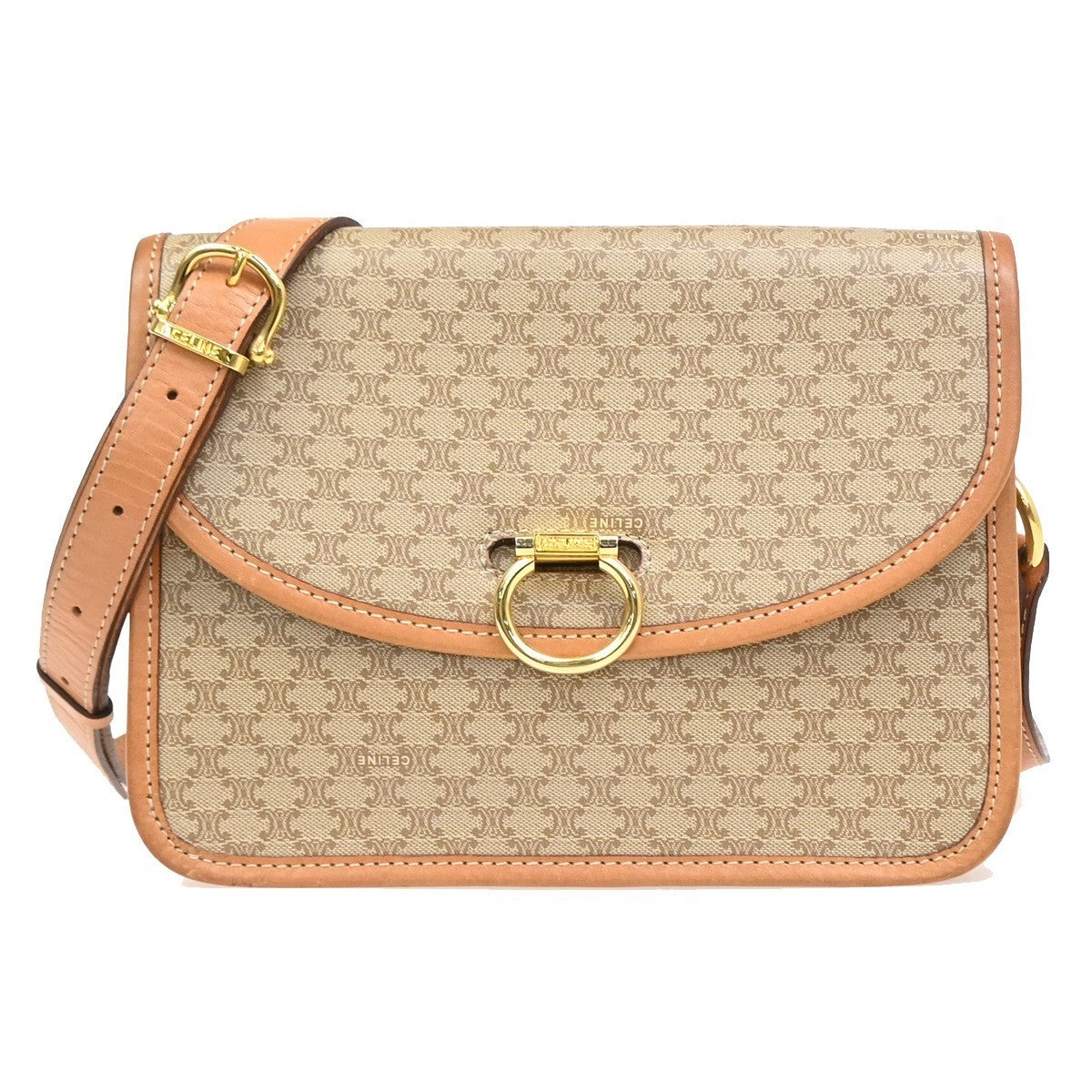 CELINE Logo Macadam Pattern Shoulder Bag PVC Leather Beige Italy 83MA283