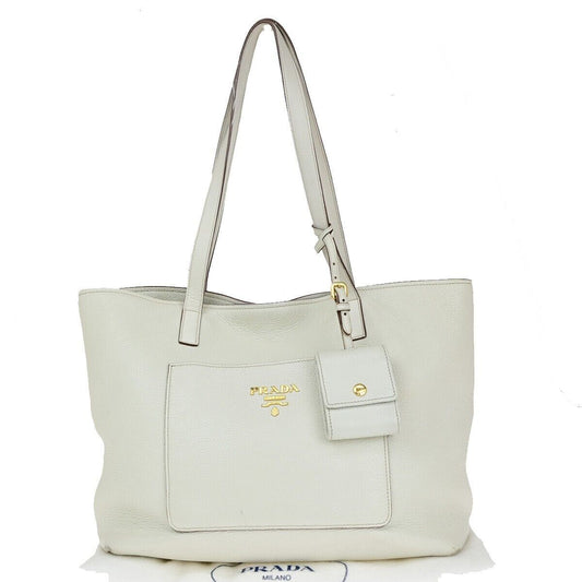 PRADA MILANO Logo Shoulder Hand Tote Bag Leather White Gold 86KA230