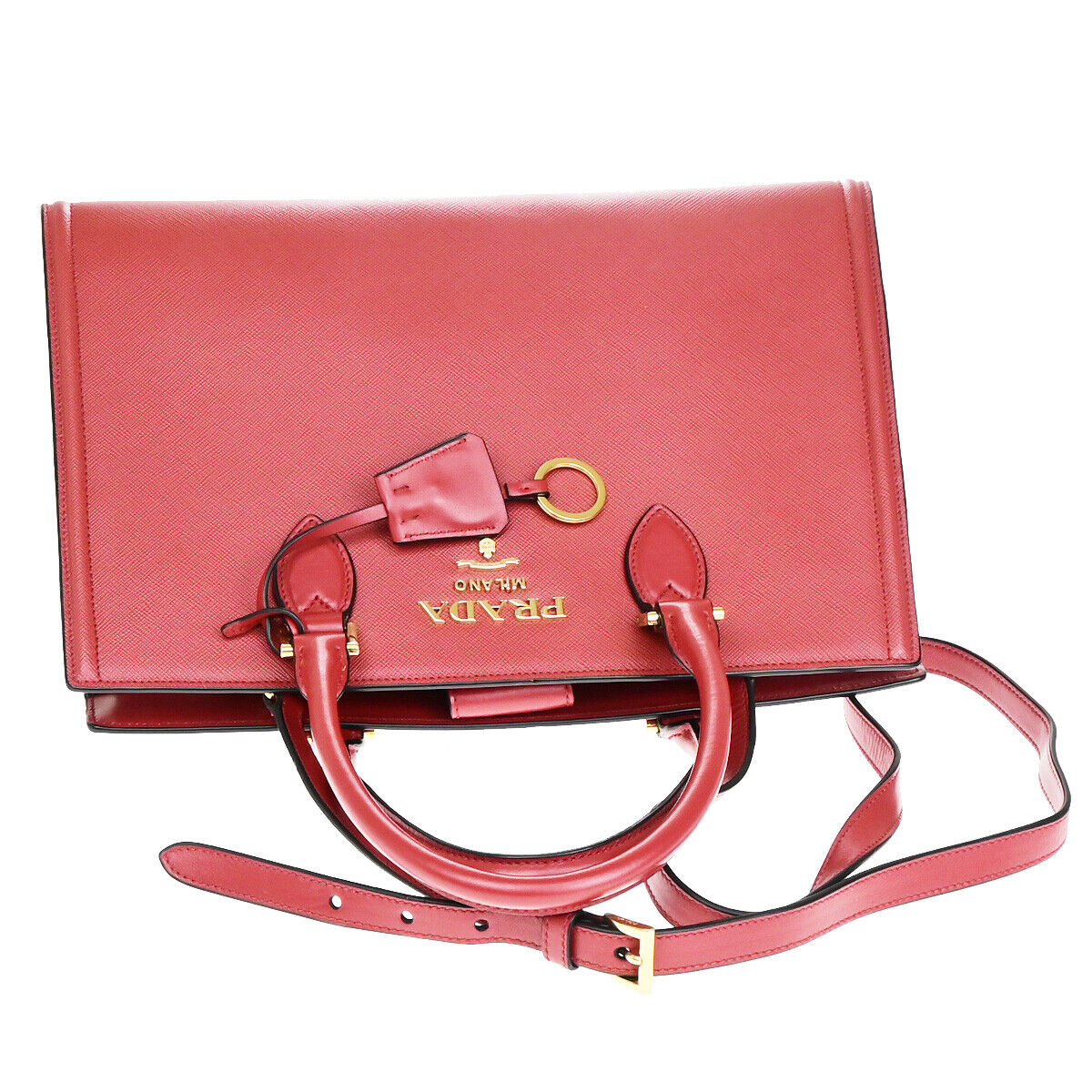 PRADA Logo Saffiano 2Way Shoulder Hand Tote Bag Leather Red GHW 678RK270
